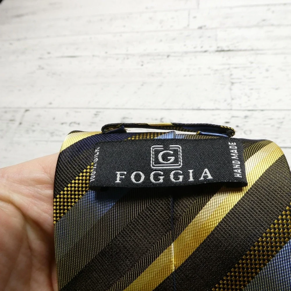 Foggia Tie Mens One Size Brown Blue Yellow Striped 100% Silk Handmade Woven
